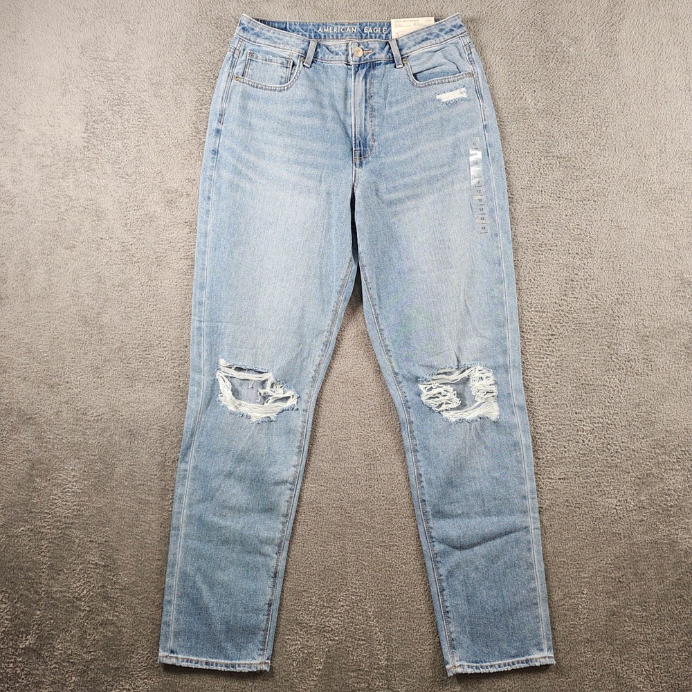 American Eagle Mom Jean Light Wash Distressed‎ High Rise 12 X-Long 31W
